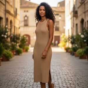 Lulus Sweater Dress Tan Open Tank Midi Sheath